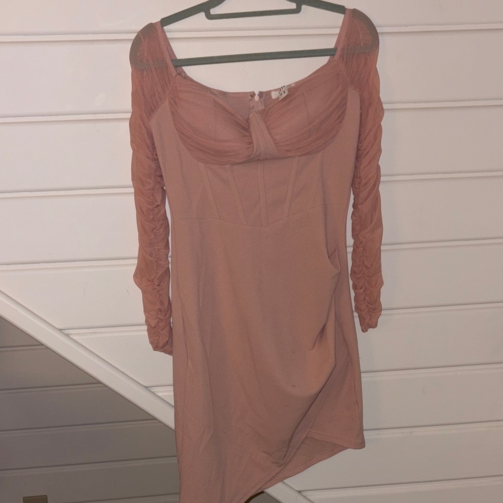 Privy Asymmetrical Blush Dress with Ruched Sleeves